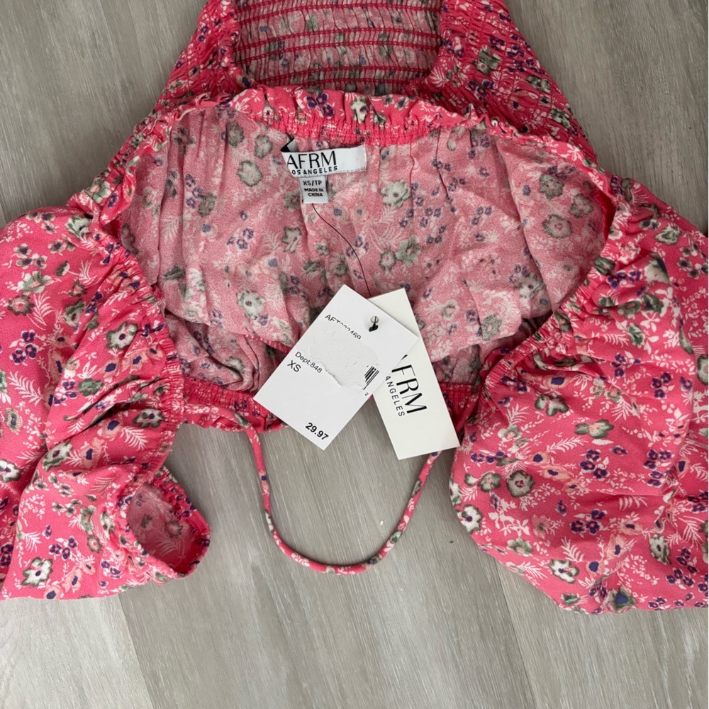 AFRM Waverly Pink Floral Puff Sleeve Smocked Ruffle Crop Top size XS - Picture 6 of 6